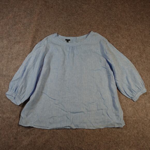 Talbots Top Womens 2X Linen Balloon Sleeve Beachy Blue Button Back - Picture 1 of 8